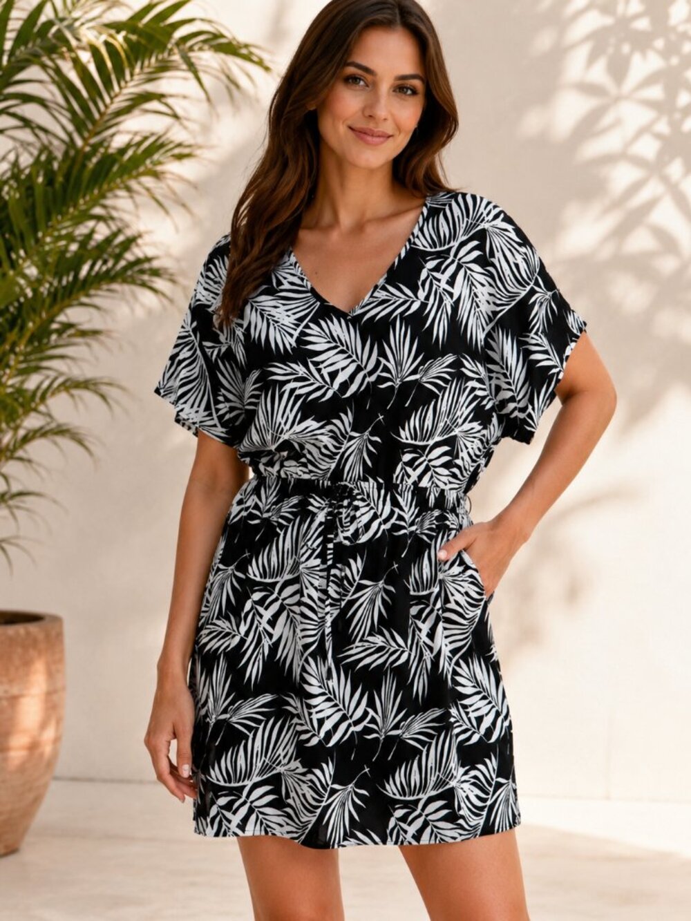 Mario Serrani Women's Beach Cover Up V Neck Drawstring  Medium